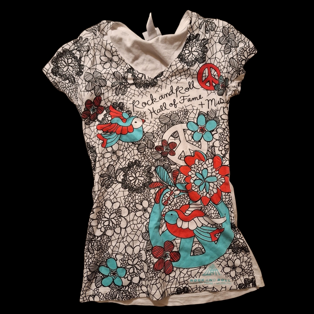 Rock and Roll Hall of Fame All-Over Lace Print Graphic V-Neck - Size Small